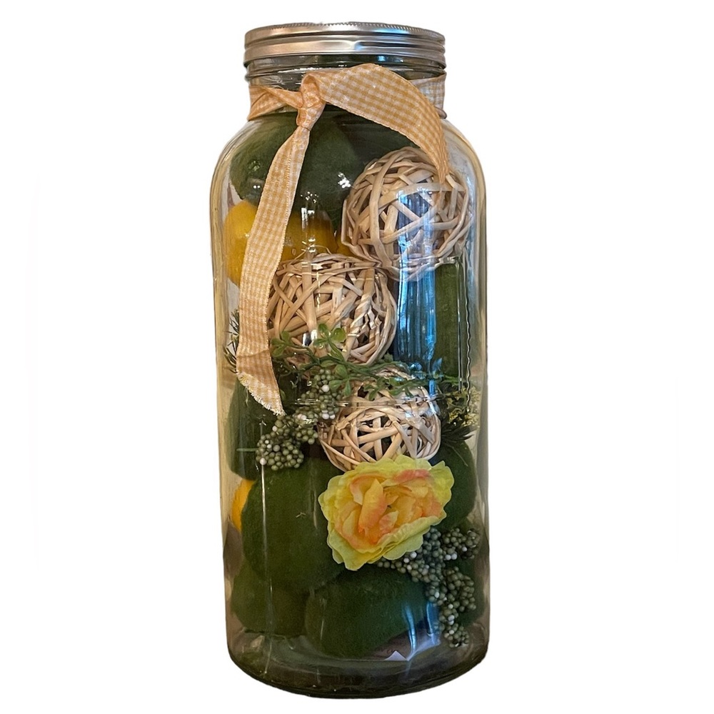 Lemon Motif Decor Large Mason Type Glass Jar Container Moss and Straw Balls